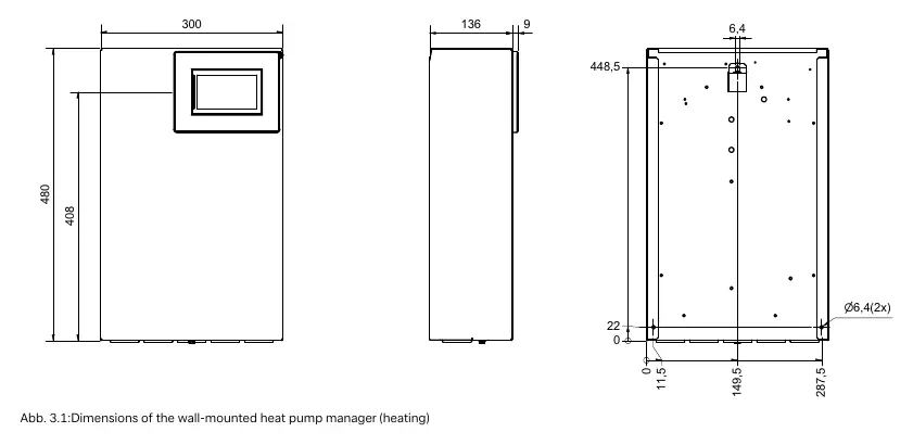 Dimensions and mounting points for the wall-mounted heat pump manager.