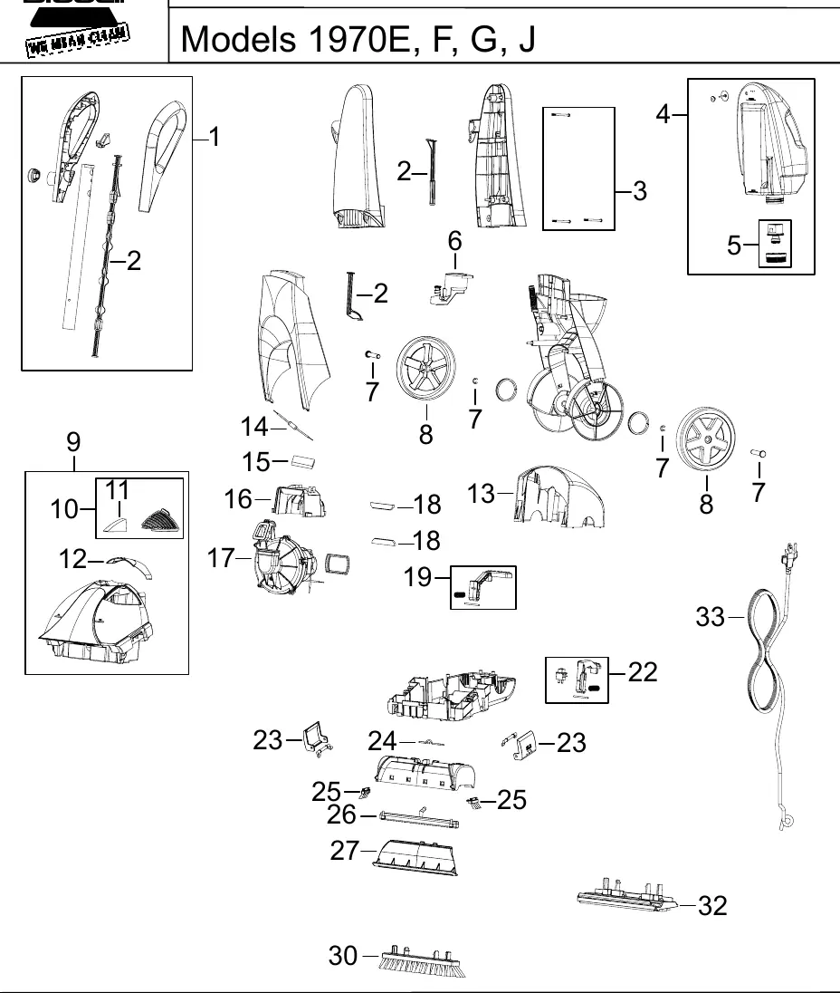 Exploded view of the Bissell QuickWash carpet cleaner components.