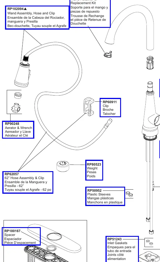 Exploded view of the Delta 19814Z-SD-DST kitchen faucet components