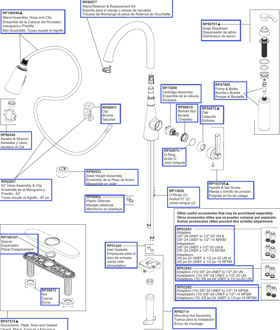 Exploded view of the Delta 19893Z-SD-DST kitchen faucet components.