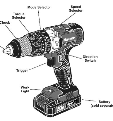 Functions diagram of the Bauer 1992C-B Hammer Drill.