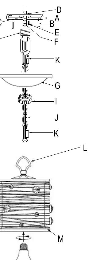 Assembly diagram showing the sequence of parts from the ceiling mount to the light bulb.