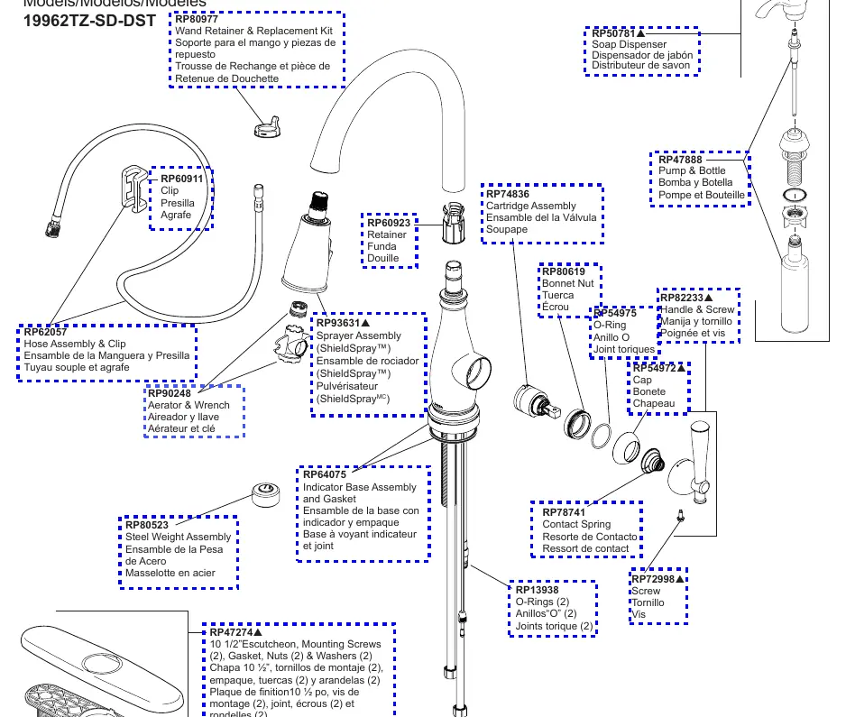Exploded view of the Delta Charmaine faucet components, including the sprayer assembly, cartridge, handle, and mounting hardware.