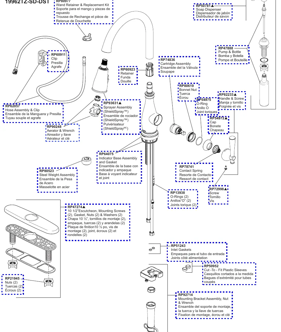 Exploded view of the main faucet assembly, handle, and mounting hardware.