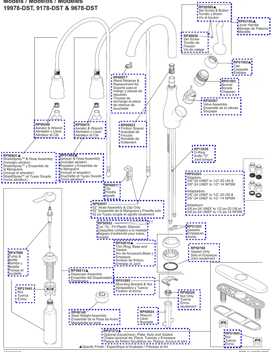 Exploded view of faucet components and assembly parts