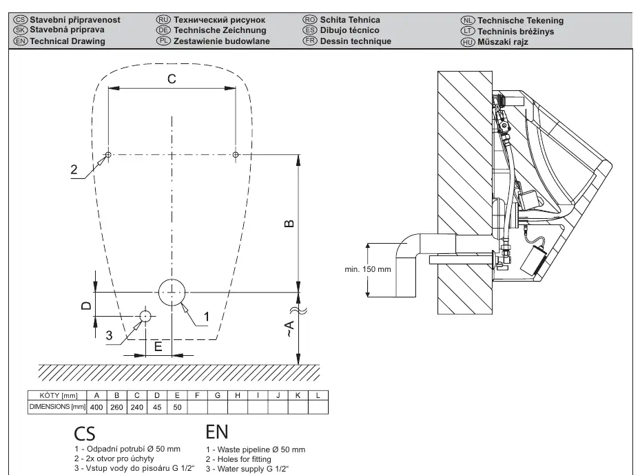 Technical drawing and installation dimensions