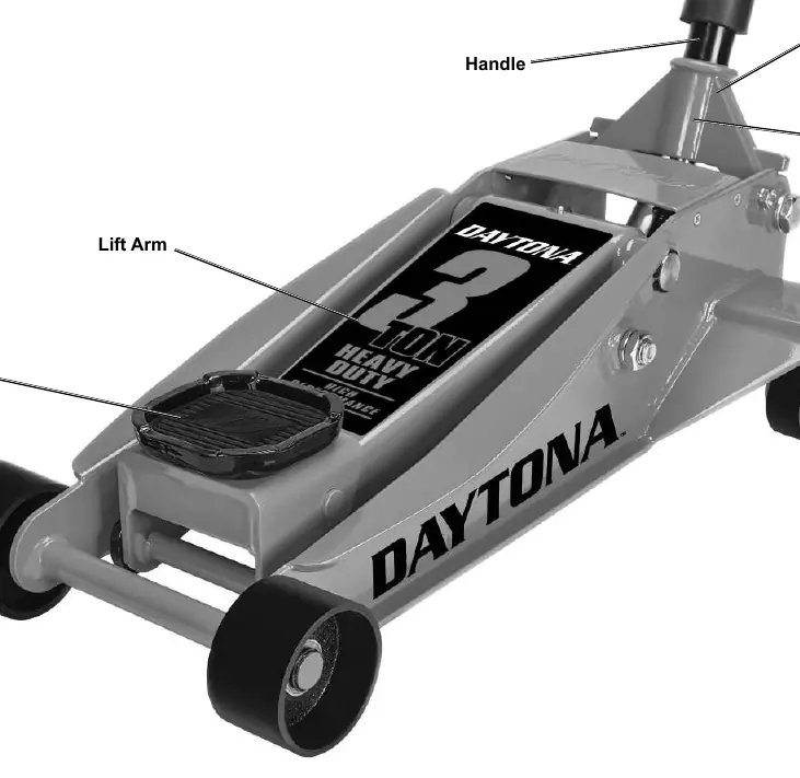 Overview of the Daytona 3 Ton Floor Jack components.