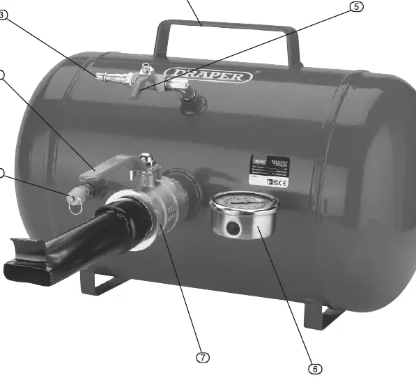 Technical diagram of the 19L Tyre Bead Seater with numbered parts.