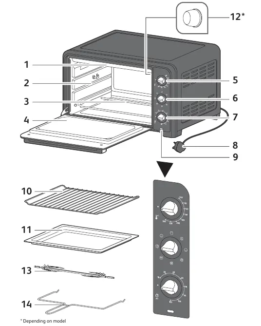 Parts diagram of the Tefal Optimo 19L oven.