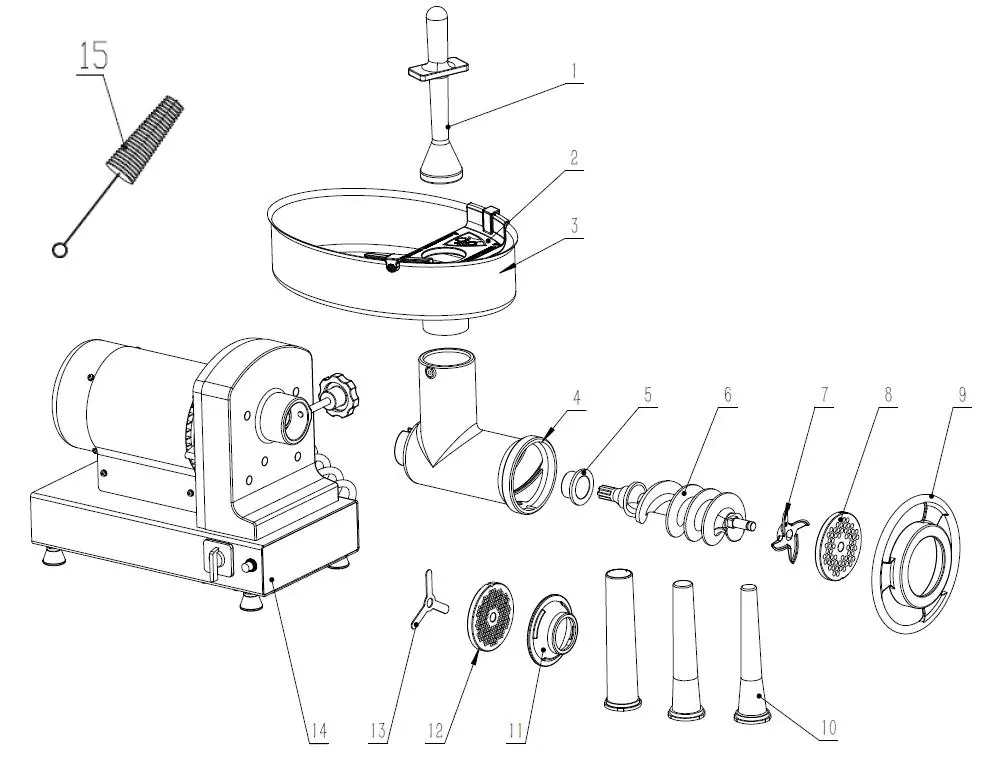 Exploded diagram of the meat grinder components.