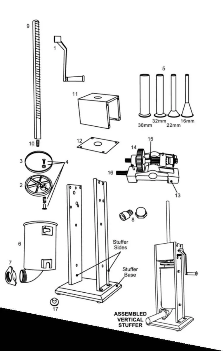 Exploded diagram of the sausage stuffer
