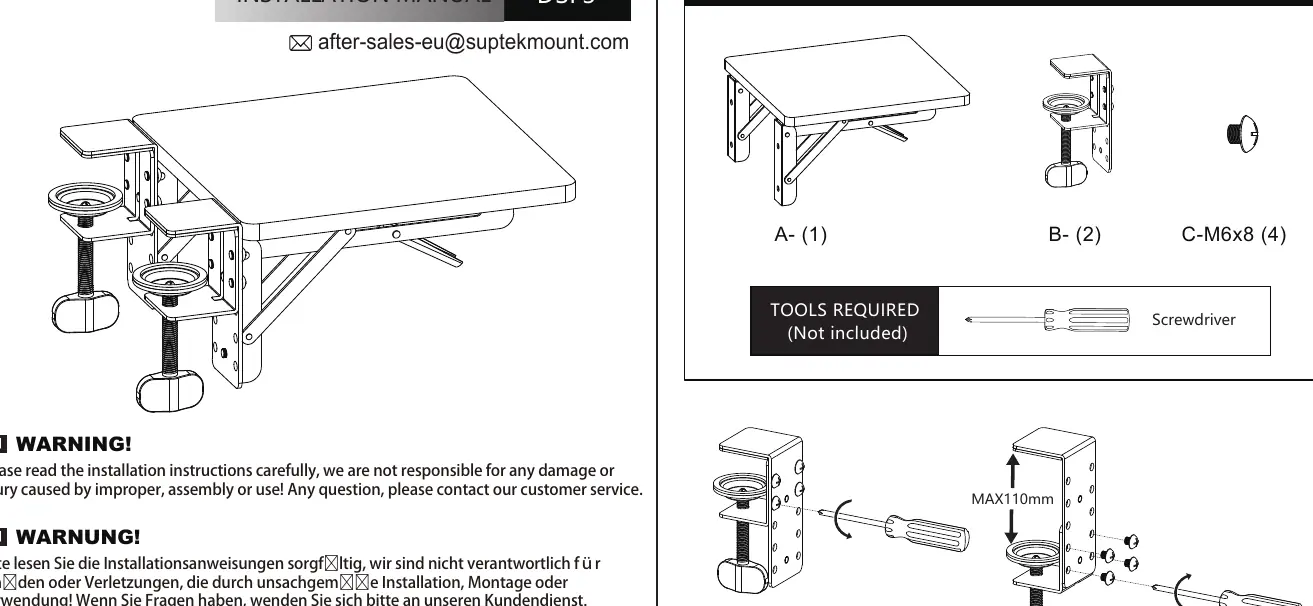 Parts list and initial assembly steps for the desk extender tray, including the main tray, two C-clamps, and M6x8 screws.