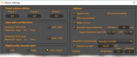 Device settings menu in HFD software