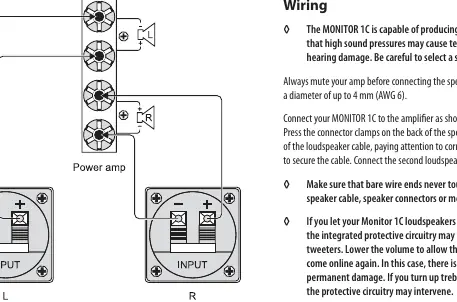 Wiring diagram for connecting the MONITOR 1C speakers to an amplifier.