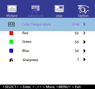 Adjusting color temperature settings in the OSD menu.