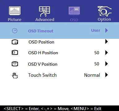 Configuring OSD menu position and touch switch settings.