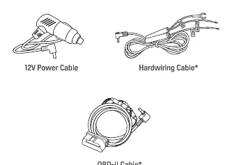 Power cable options: 12V, Hardwiring, and OBD-II.