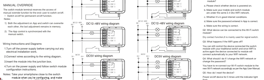Wiring diagrams for AC and DC configurations.