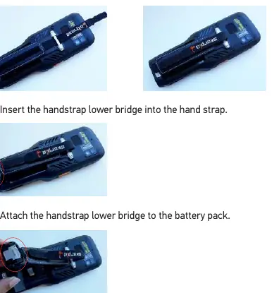 Steps for installing the handstrap and battery pack.
