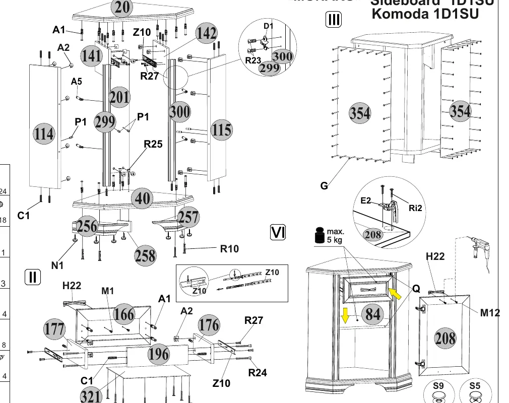 Exploded view of the Anrex 1D1SU Monaco nightstand assembly.