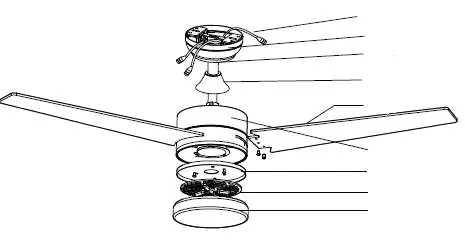 Exploded view of the ceiling fan assembly components.