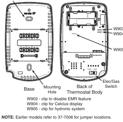 Thermostat base and jumper locations (W903, W904, W905)