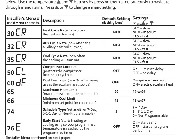 Installer Menu settings and configuration options.