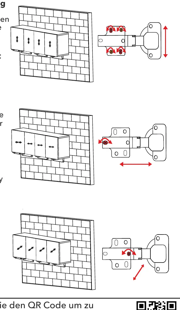 Diagrams for adjusting door height, depth, and sideways alignment.