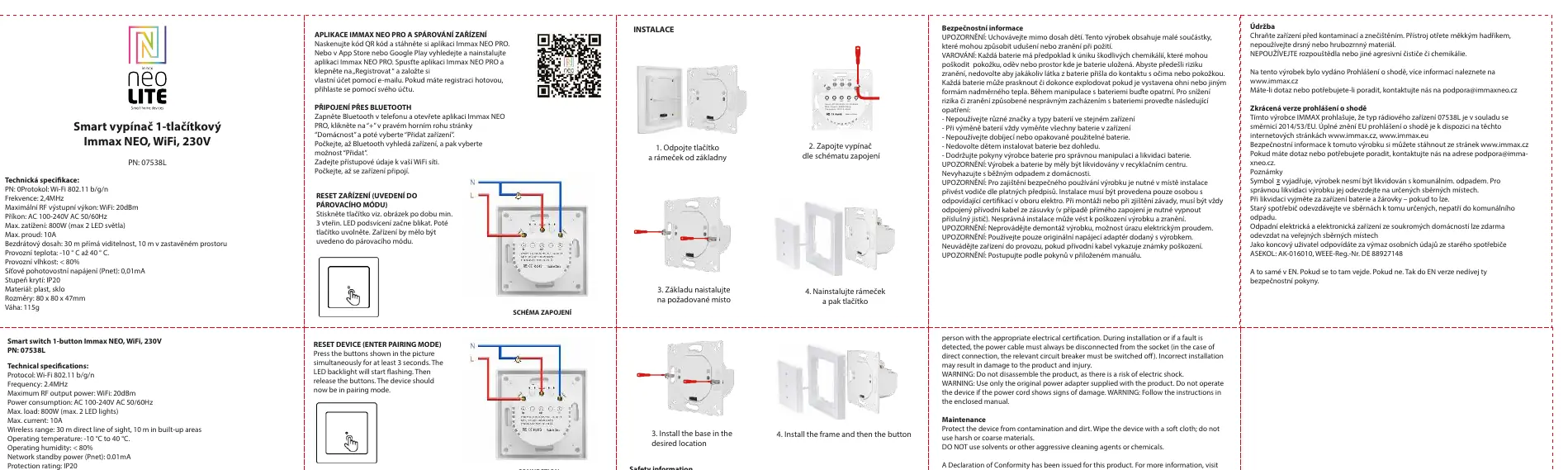 Step-by-step installation guide for the Immax 07538L smart switch, including wiring diagrams and assembly instructions for the base, frame, and button.