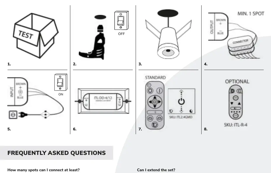 Installation steps for the LED recessed spotlights.