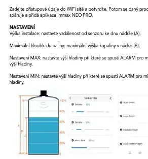 Settings diagram showing installation height and liquid depth parameters.