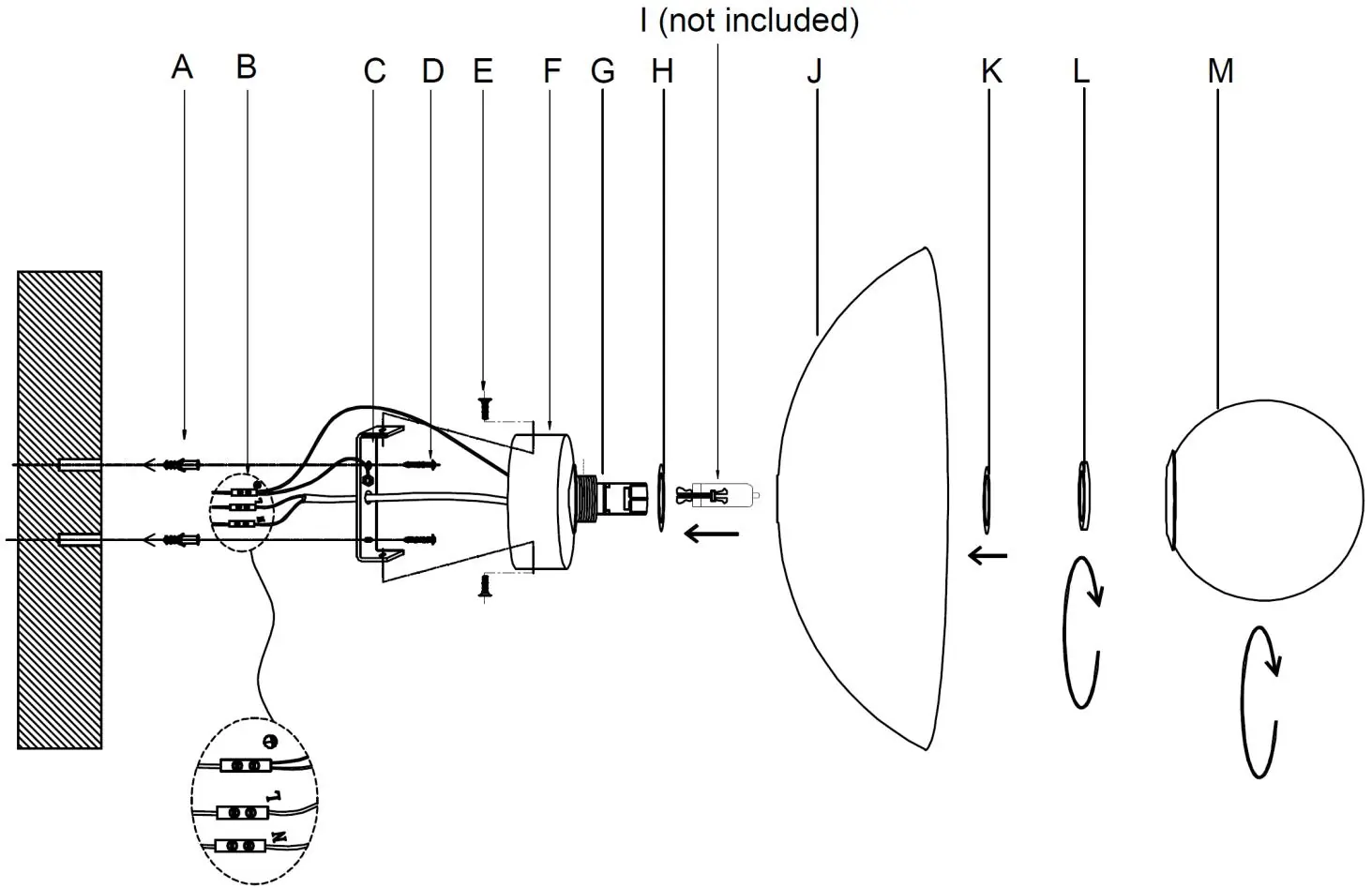 Assembly and wiring diagram for the Zahra 1LT Wall Bracket.