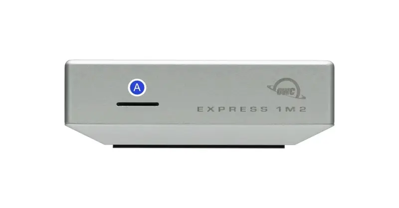 Front view of the OWC Express 1M2 showing the LED indicator.