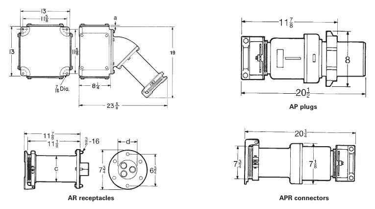 Dimensional drawings for AP plugs, AR receptacles, and APR connectors