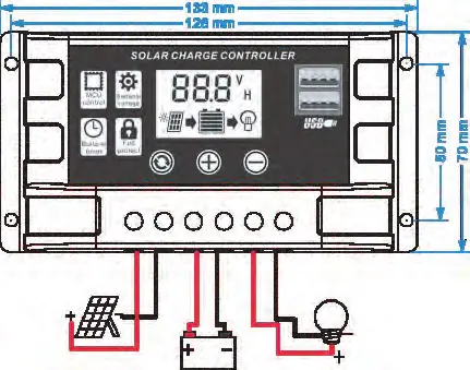 System wiring diagram showing connections between solar panel, battery, and controller.