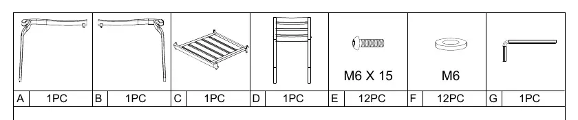 Parts list including screws and Allen key