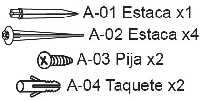 Parts list including stakes, screws, and anchors.