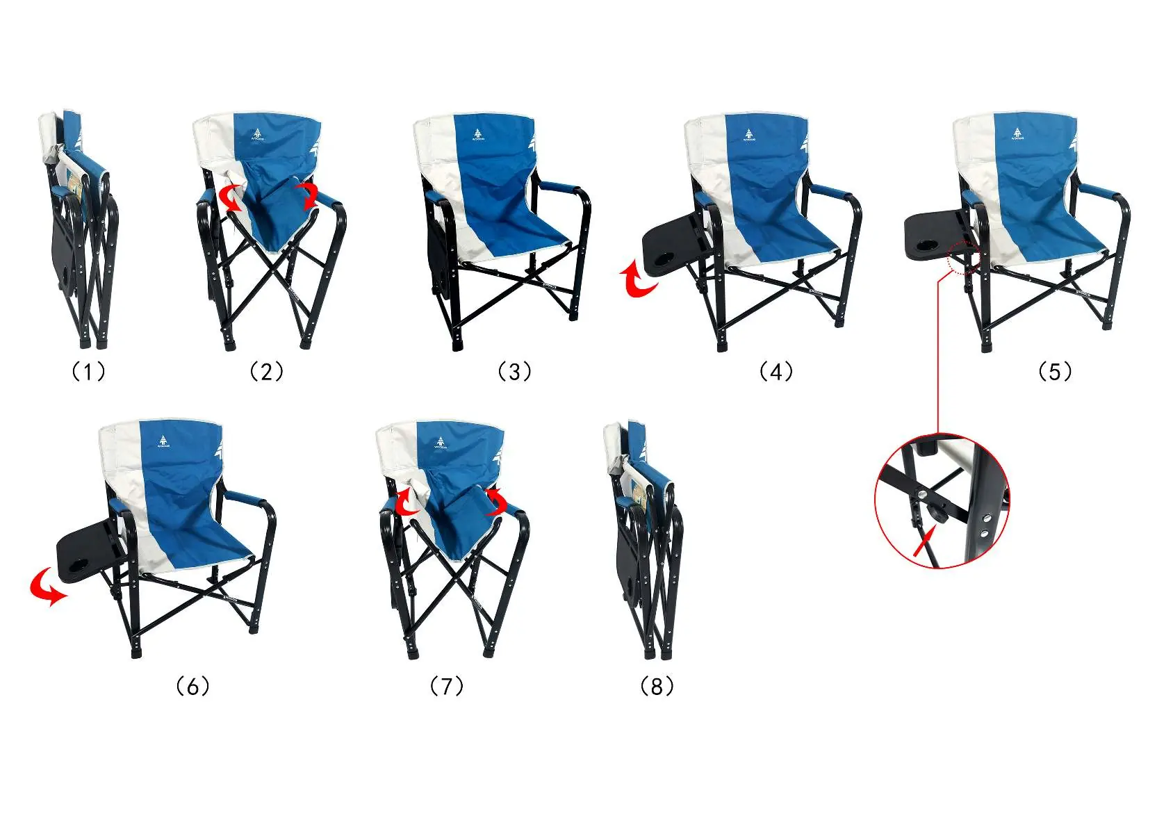Step-by-step sequence for unfolding and folding the chair and side table.