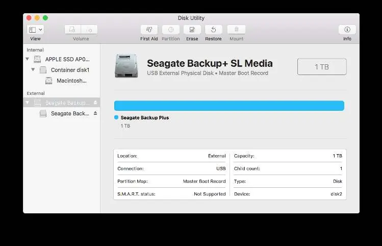 Disk Utility interface showing the Seagate drive.