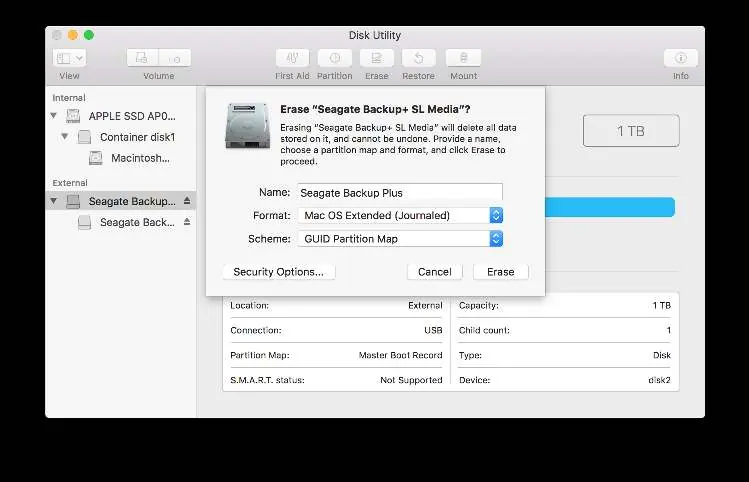 Erase dialog box in Disk Utility.