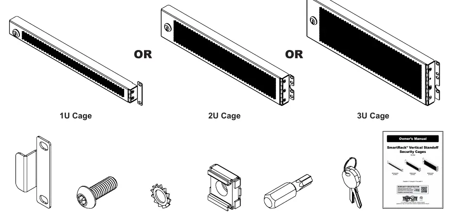 Package contents including cage, latch bracket, and mounting hardware.