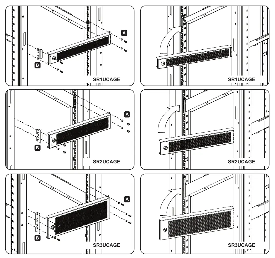 Installation steps for mounting the security cage to the rack.