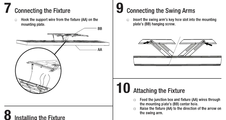 Installation steps 7 and 8: Connecting the fixture and wiring.