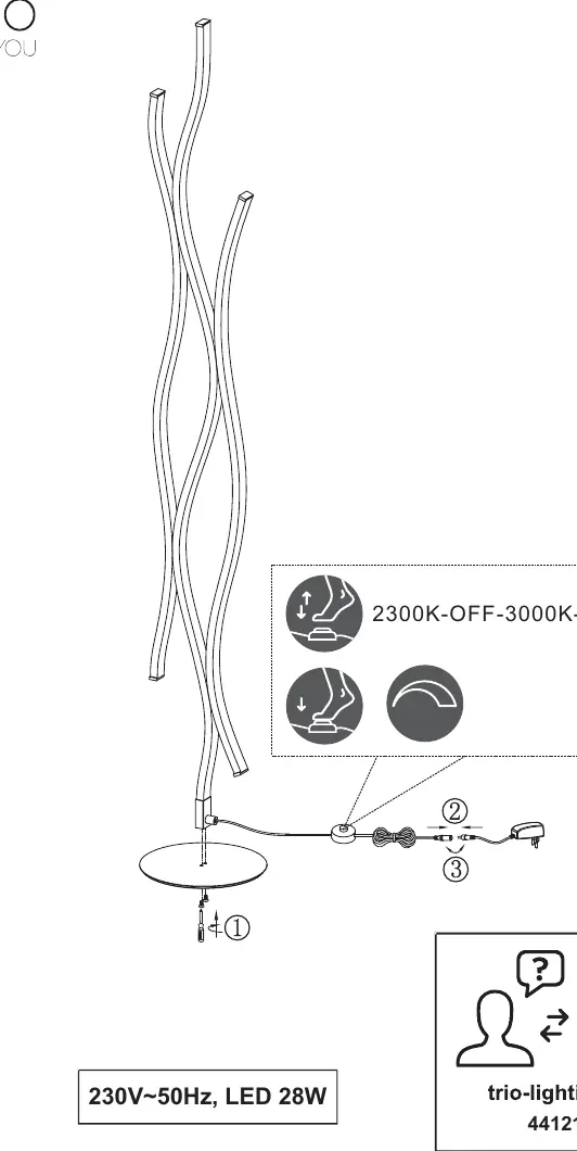 Operation diagram showing foot switch usage and color temperature cycle.