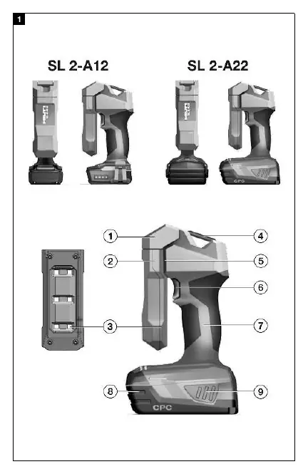 Product overview showing parts 1-9