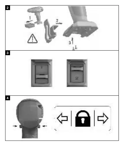 Diagrams for belt hook installation, gear selection, and rotation direction.