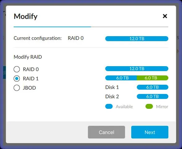 Modify RAID configuration dialog