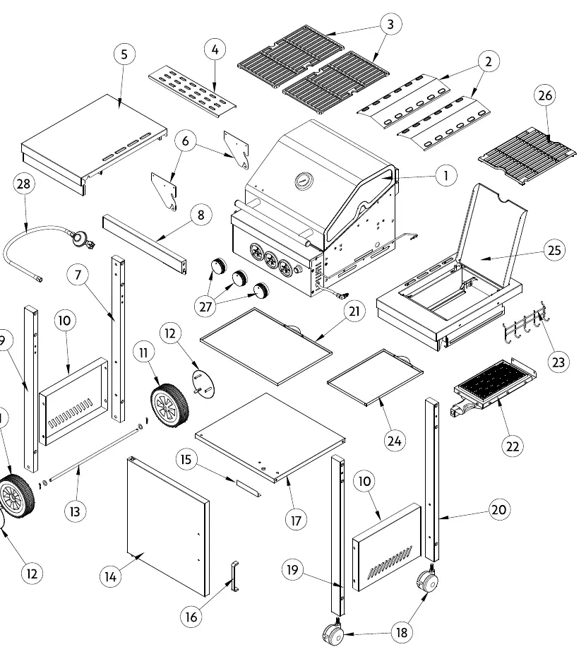 Parts diagram for the Barney Deluxe gas grill.