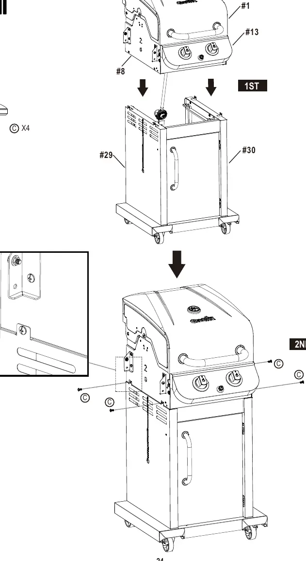 Assembly Step 8: Mounting the grill head to the cart.