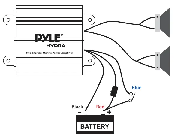 Wiring diagram for power and speaker connections.